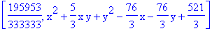 [195953/333333, x^2+5/3*x*y+y^2-76/3*x-76/3*y+521/3]